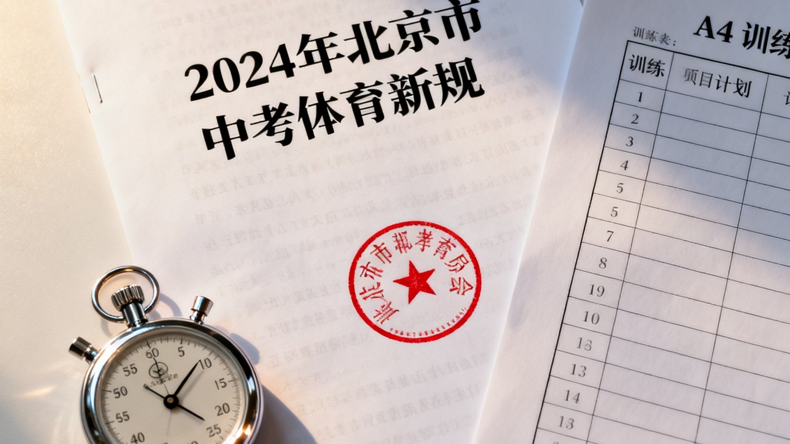 一张展示2025年北京市中考体育新规文件的图片，文件封面印有教育委员会公章，旁边摆放着秒表和训练计划表