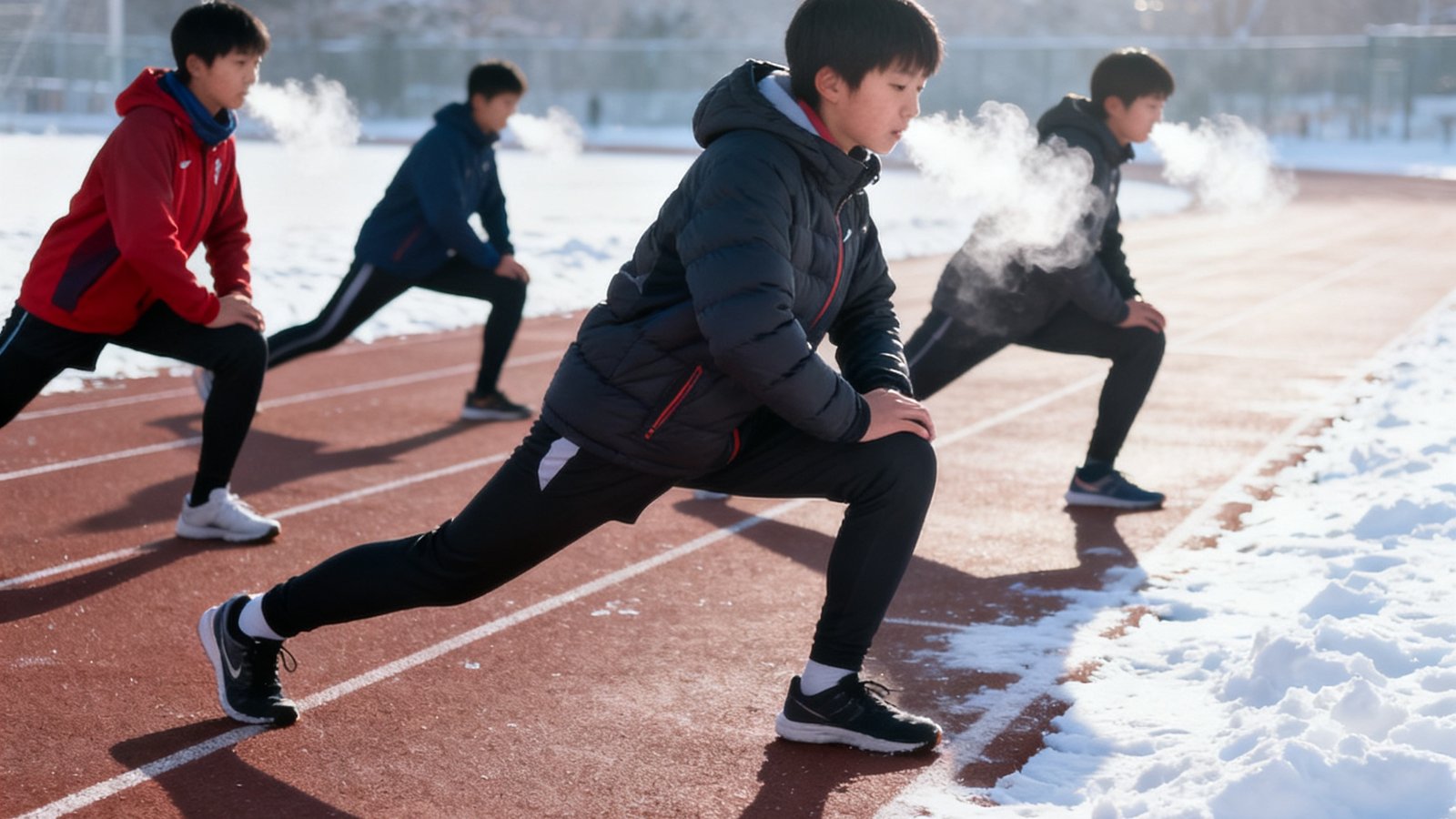 冬季户外训练场景，学生穿着保暖运动服在跑道上进行热身拉伸，口中呼出白色雾气，阳光清冷