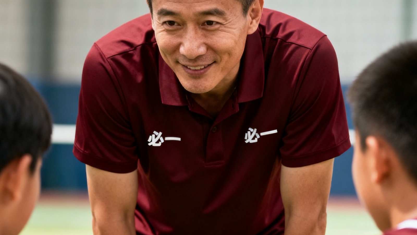 必一运动创始人兼总教练周毅老师在训练场上俯身指导学员，他身穿深红色教练服，表情专注而温和