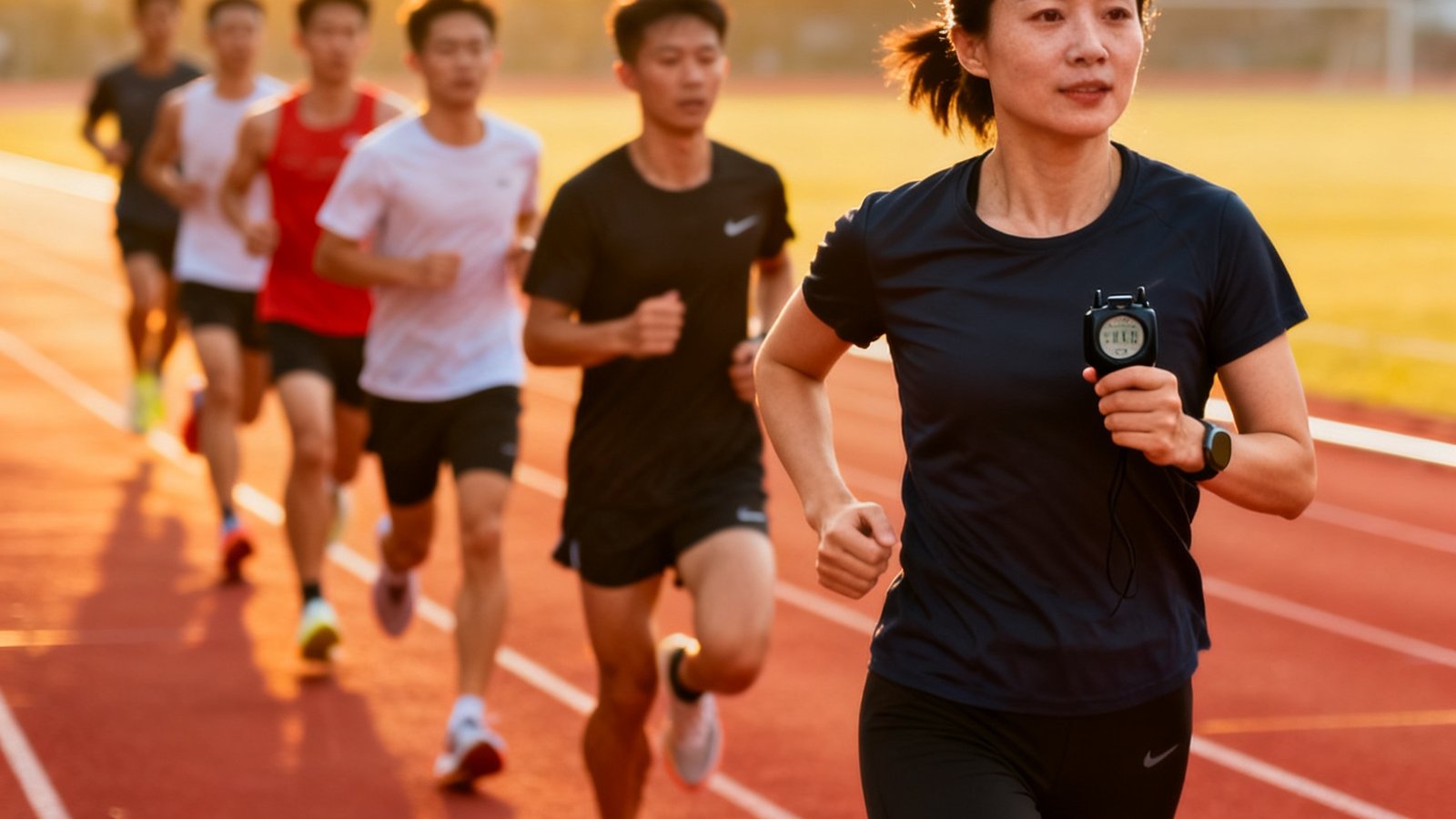 中长跑专项教练陈敏带领一组学员在跑道上进行配速训练，她手持计时器，跑步姿态轻盈专业