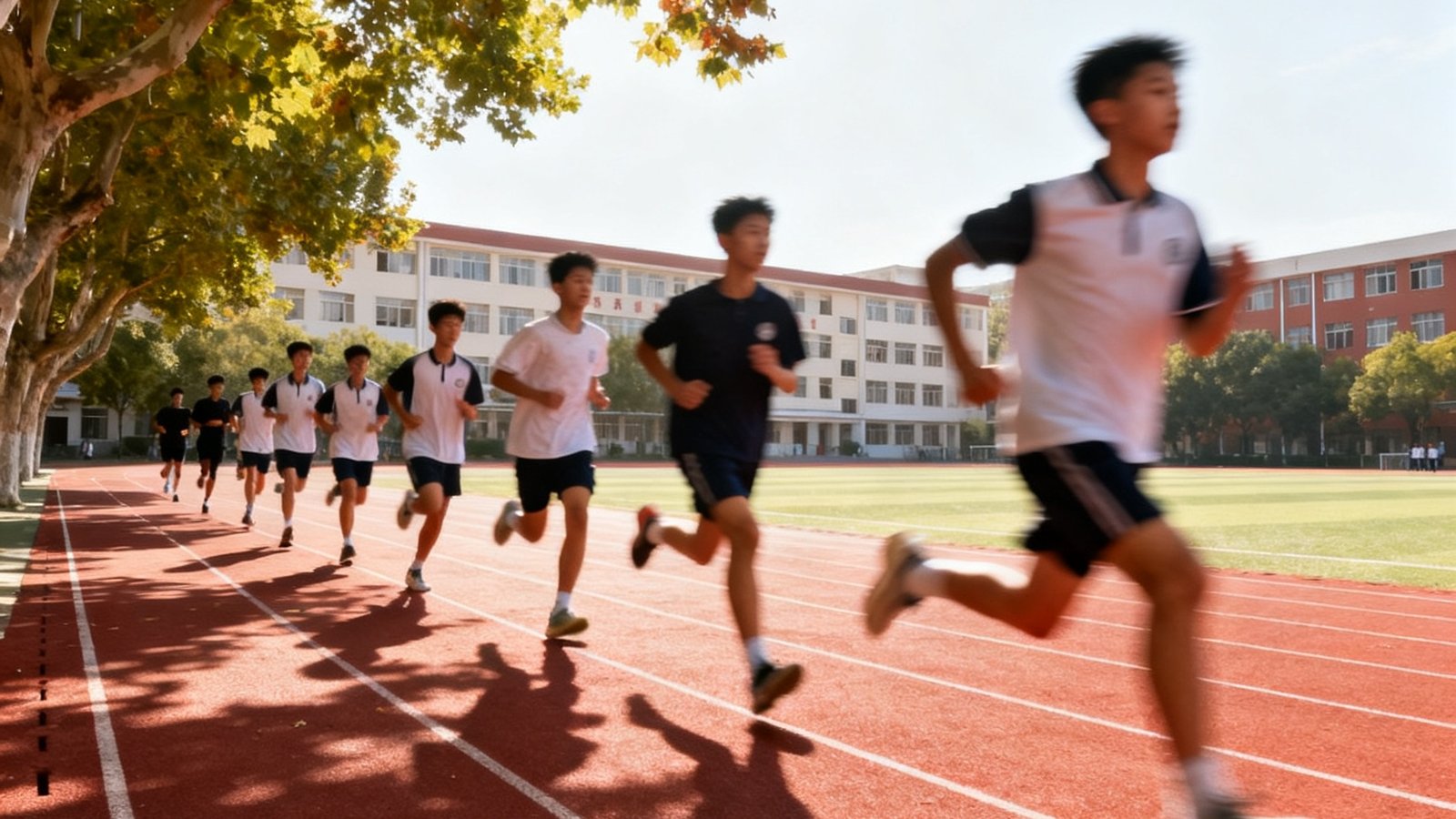 一群初中男生在红色塑胶跑道上奋力奔跑进行1000米跑训练，阳光穿过梧桐树叶洒在跑道上，远处可见学校教学楼