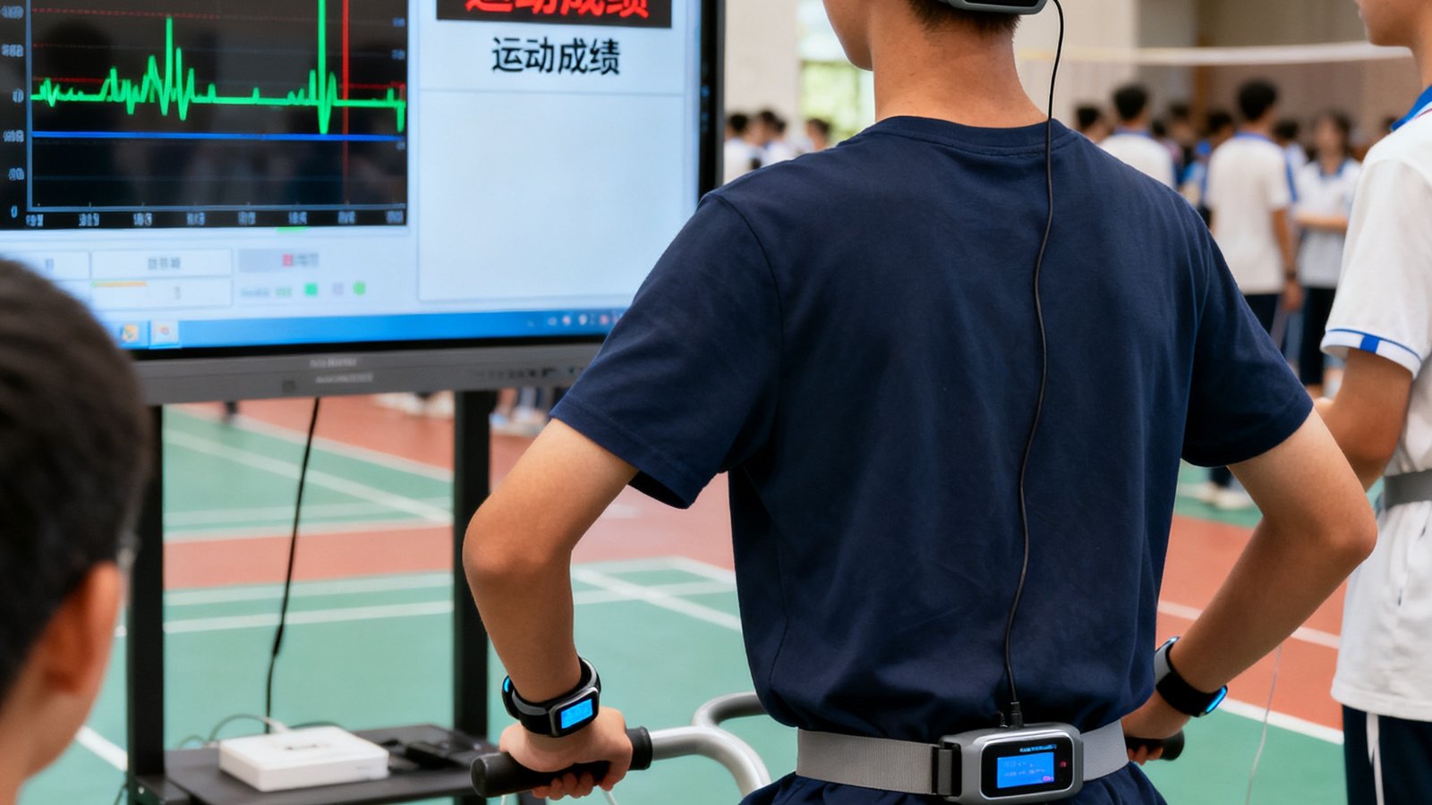 中考体育模拟测评现场，学生们使用智能穿戴设备进行体能测试，大屏幕上实时显示心率数据和运动成绩